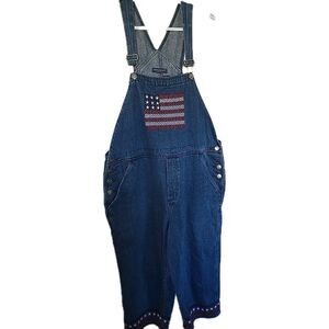 Vintage 90s Denim Overalls Capris American Flag Med Blue Jean USA Embroidered